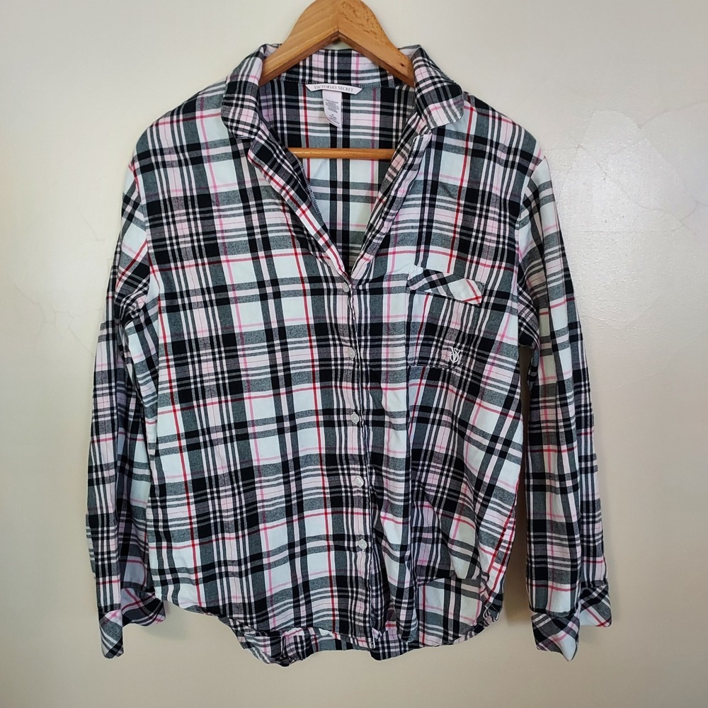 Victorias Secret Plaid Pajama Top Black Pink White Cotton Preppy Cozy Lounge M